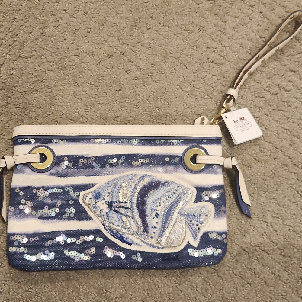 NEW Coach Blue & White Sequin Fish Wristlet. NEW With Tags Attached $118 - Picture 2 of 6